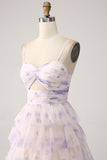 Lavender Flower A-Line Spaghetti Straps Cut Out Pleated Tiered Long Prom Dress