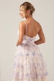 Lavender Flower A-Line Spaghetti Straps Cut Out Pleated Tiered Maxi Dress