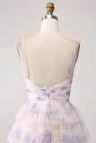 Lavender Flower A-Line Spaghetti Straps Cut Out Pleated Tiered Long Prom Dress