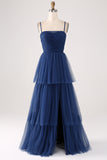 Navy A Line Spaghetti Straps Tulle Pleated Floor Length Bridesmaid Dress With Slit