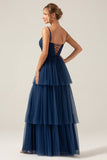 Navy A Line Spaghetti Straps Tulle Pleated Long Bridesmaid Dress With Slit