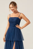 Navy A Line Spaghetti Straps Tulle Pleated Long Bridesmaid Dress With Slit