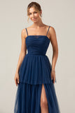 Navy A Line Spaghetti Straps Tulle Pleated Long Bridesmaid Dress With Slit