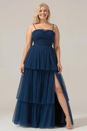 Navy A Line Spaghetti Straps Tulle Pleated Long Plus Size Bridesmaid Dress With Slit