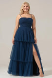 Navy A Line Spaghetti Straps Tulle Pleated Long Plus Size Bridesmaid Dress With Slit