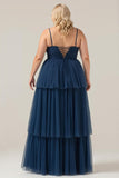 Navy A Line Spaghetti Straps Tulle Pleated Long Plus Size Bridesmaid Dress With Slit