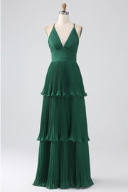 Dark Green A-Line Tiered Floor Length Chiffon Bridesmaid Dress