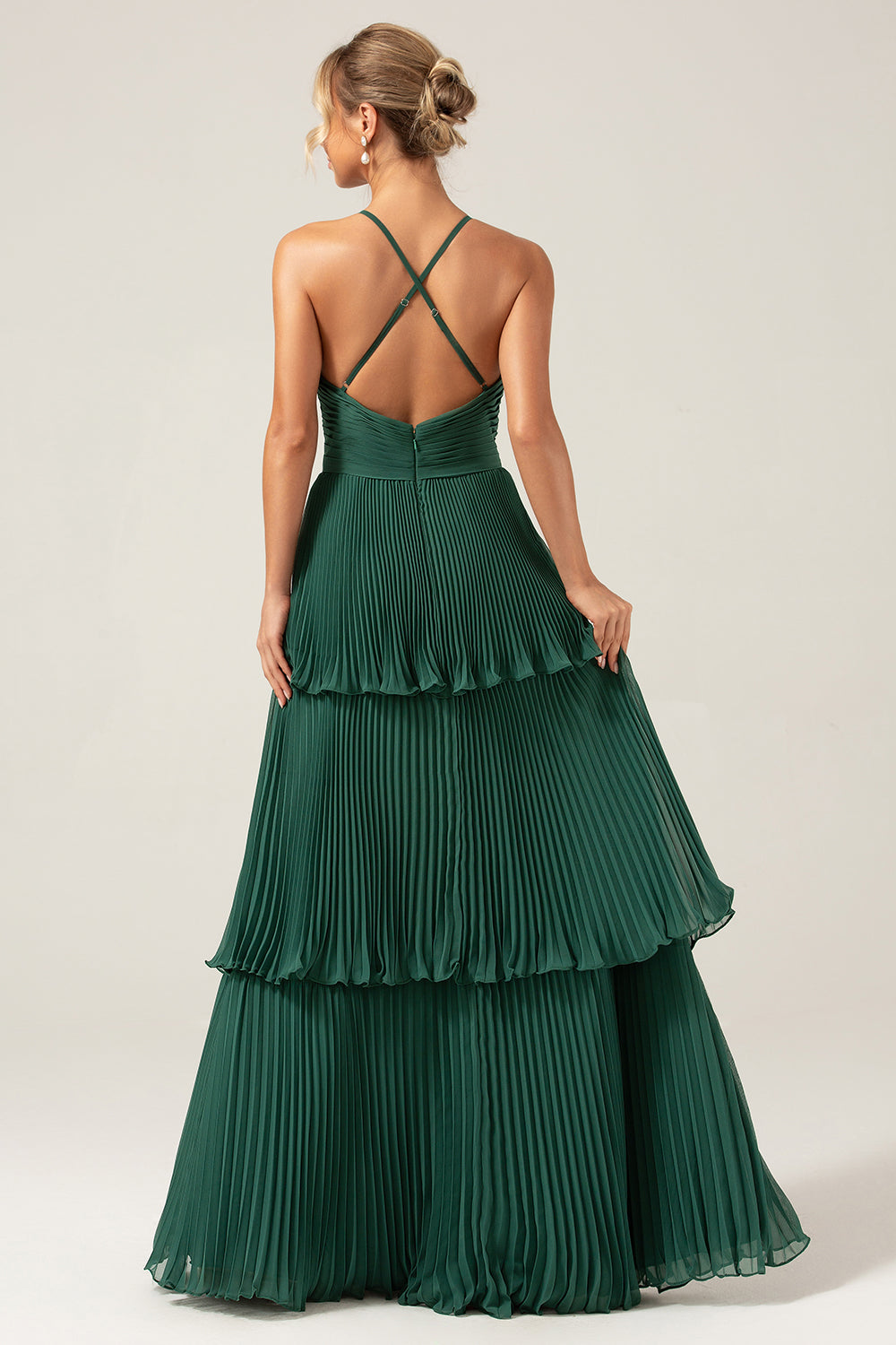 Wedtrend Women Dark Green Bridesmaid Dress A-Line Halter Tiered Floor Length Chiffon Long Wedding Party Dress, Dark Green / US12