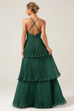 Dark Green A-Line Halter Tiered Floor Length Chiffon Long Bridesmaid Dress