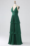 Dark Green A-Line Tiered Floor Length Chiffon Bridesmaid Dress