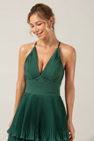 Dark Green A-Line Halter Tiered Floor Length Chiffon Long Bridesmaid Dress