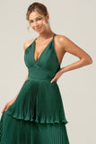 Dark Green A-Line Halter Tiered Floor Length Chiffon Long Bridesmaid Dress