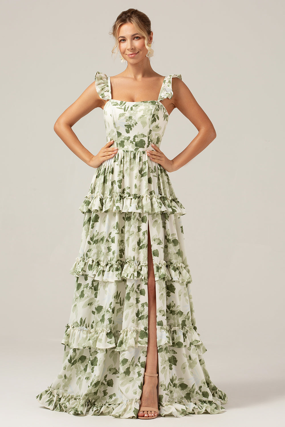 WEDTREND Women Plus Size Green Bridesmaid Dress A-Line Spaghetti Straps Printed Tiered Long Prom Dress With Slit WEDTREND Women Plus Size Green Bridesmaid Dress A-Line Spaghetti Straps Printed Tiered Long Prom Dress With Slit