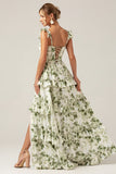 Green A-Line Printed Tiered Long Bridesmaid Dress With Slit