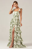 Green A-Line Printed Tiered Long Bridesmaid Dress With Slit