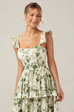 Green Flower A-Line Printed Tiered Long Bridesmaid Dress With Slit