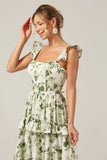 Green Flower A-Line Printed Tiered Long Bridesmaid Dress With Slit