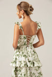 Green A-Line Printed Tiered Long Bridesmaid Dress With Slit