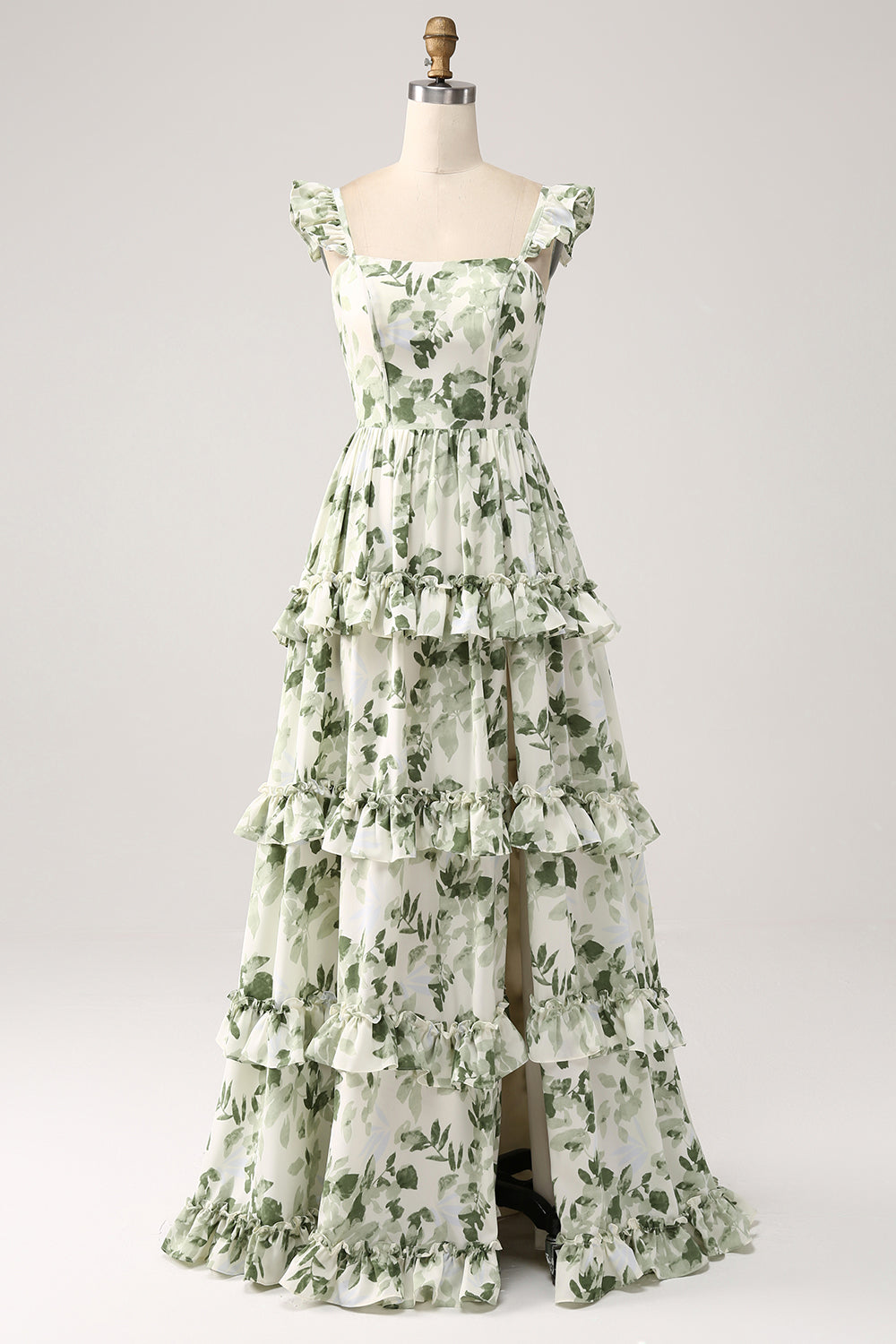 Wedtrend Women Green Bridesmaid Dress A-Line Spaghetti Straps Printed Tiered Long Prom Dress With Slit WEDTREND Wedtrend Women Green Bridesmaid Dress A-Line Spaghetti Straps Printed Tiered Long Prom Dress With Slit WEDTREND