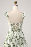 A-Line Spaghetti Straps Printed Tiered Long Green Bridesmaid Dress With Slit