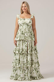 Green Flower A-Line Printed Tiered Long Plus Size Bridesmaid Dress With Slit
