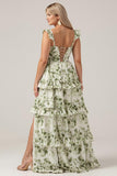 Green Flower A-Line Printed Tiered Long Plus Size Bridesmaid Dress With Slit