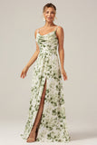 Green Printed A-Line Cowl Neck Long Bridesmaid Dress With Slit