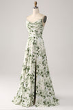 A-Line Cowl Neck Printed Long Green Bridesmaid Dress With Slit