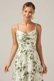 Green Printed A-Line Cowl Neck Long Bridesmaid Dress With Slit