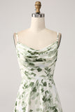 A-Line Cowl Neck Printed Long Green Bridesmaid Dress With Slit