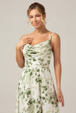 Green Printed A-Line Cowl Neck Long Bridesmaid Dress With Slit