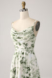 A-Line Cowl Neck Printed Long Green Bridesmaid Dress With Slit
