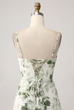 A-Line Cowl Neck Printed Long Green Bridesmaid Dress With Slit