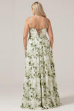 Green Printed A-Line Cowl Neck Long Plus Size Bridesmaid Dress With Slit