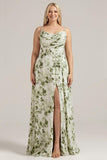 Green Printed A-Line Cowl Neck Long Plus Size Bridesmaid Dress With Slit