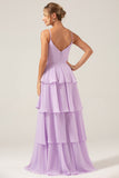 A-Line Spaghetti Straps Tiered Floor Length Lilac Bridesmaid Dress With Slit