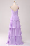 Lilac A-Line Spaghetti Straps Tiered Floor Length Bridesmaid Dress With Slit