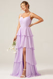 A-Line Spaghetti Straps Tiered Floor Length Lilac Bridesmaid Dress With Slit