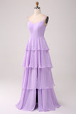 Lilac A-Line Spaghetti Straps Tiered Floor Length Bridesmaid Dress With Slit