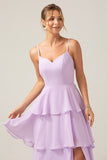 A-Line Spaghetti Straps Tiered Floor Length Lilac Bridesmaid Dress With Slit