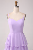 Lilac A-Line Spaghetti Straps Tiered Floor Length Bridesmaid Dress With Slit