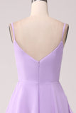 Lilac A-Line Spaghetti Straps Tiered Floor Length Bridesmaid Dress With Slit