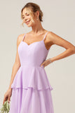 A-Line Spaghetti Straps Tiered Floor Length Lilac Bridesmaid Dress With Slit