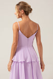 A-Line Spaghetti Straps Tiered Floor Length Lilac Bridesmaid Dress With Slit