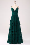 Dark Green A-Line Spaghetti Straps Tiered  Pleated Floor Length Bridesmaid Dress