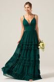 Dark Green A-Line Spaghetti Straps Tiered Pleated Long Bridesmaid Dress