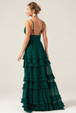 Dark Green A-Line Spaghetti Straps Tiered Pleated Long Bridesmaid Dress