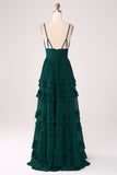 Dark Green A-Line Spaghetti Straps Tiered  Pleated Floor Length Bridesmaid Dress