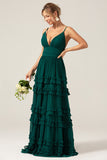 Dark Green A-Line Spaghetti Straps Tiered Pleated Long Bridesmaid Dress