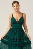 Dark Green A-Line Spaghetti Straps Tiered Pleated Long Bridesmaid Dress